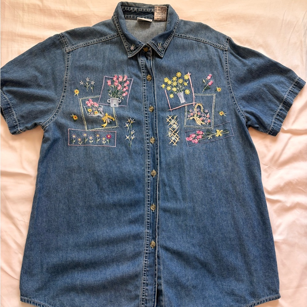 Bobbie Brooks Denim Button-Down Shirt with Embroidered Pink & Yellow Flowers
